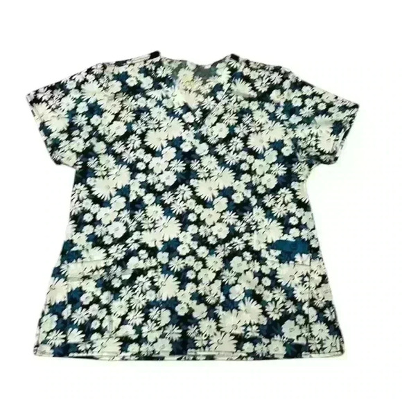 Wonder Flex Tops - Wonder Flex Black, Teal and White Flowered Short Sleeve Scrub Shirt Size Large